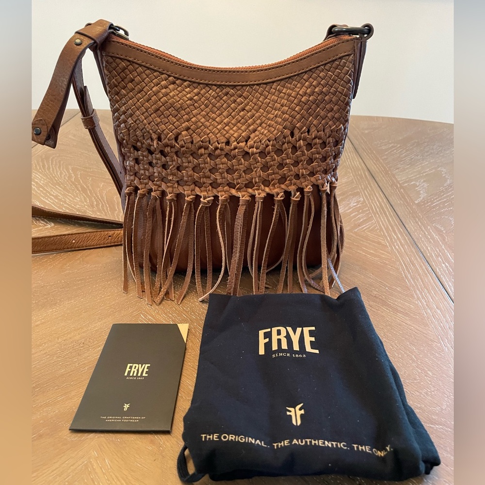 Frye Melissa Leather Woven Fringe Swing Crossbody Bag Cognac